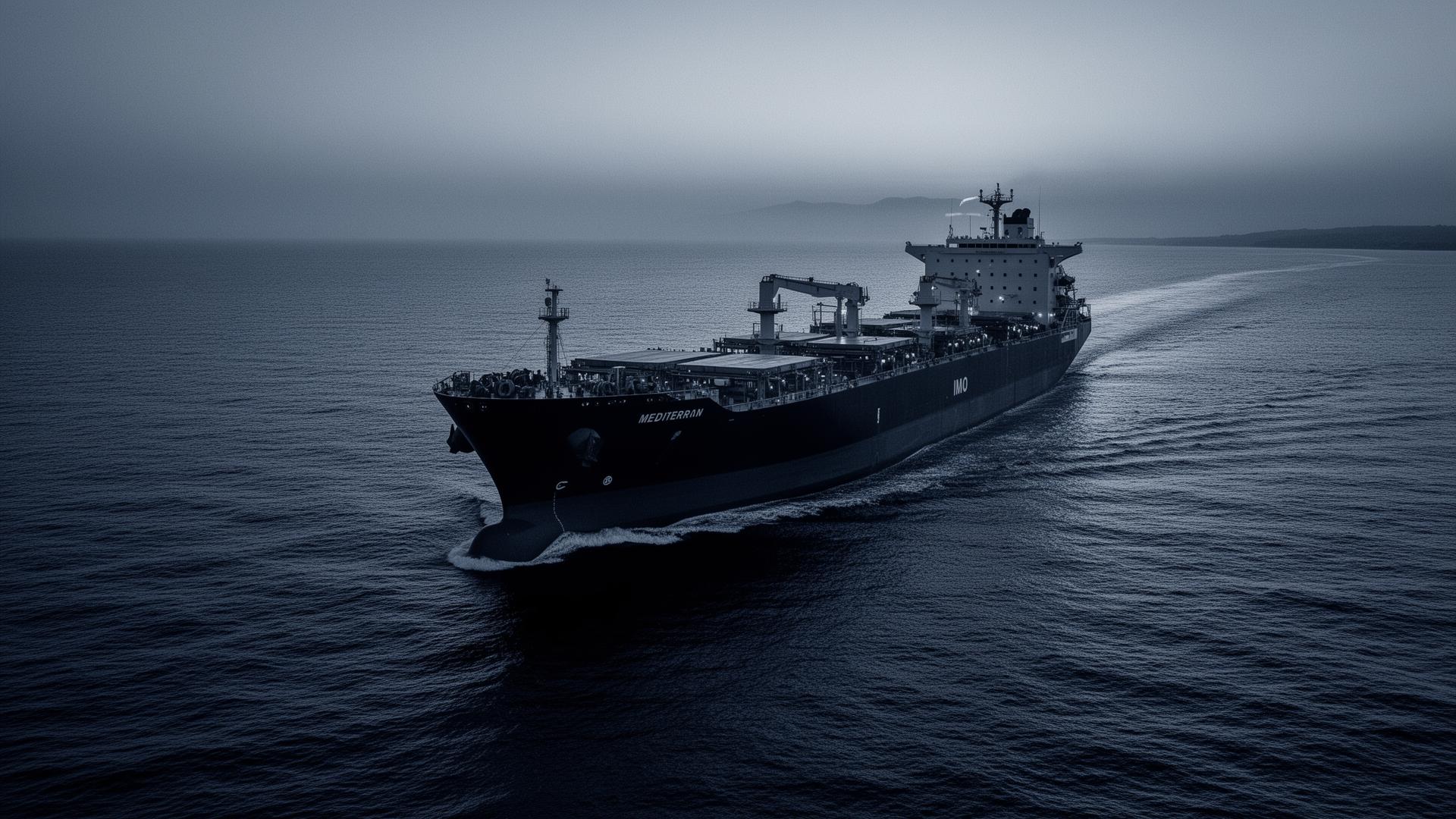 Commercial vessel at sea — Mediterranean dawn